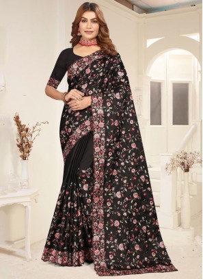 Black Embroidered Tussar Silk Classic Saree