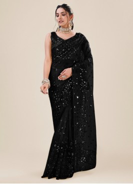 Black Sequins Net Trendy Saree