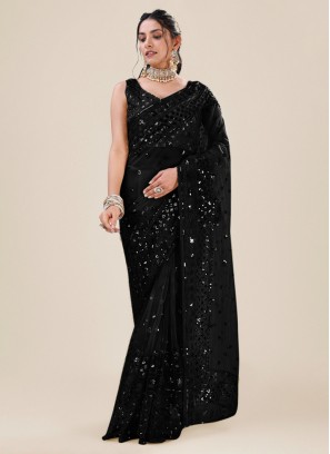 Black Sequins Net Trendy Saree