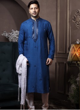 Dark Blue Silk Kurta Pajama with Off-White PolySil