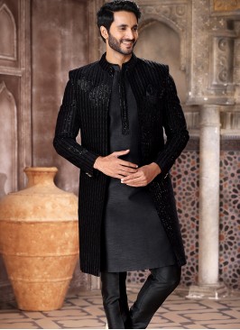 Blissful Black valvet/Art Silk Fabric Party Wear Mens 3 Pcs Indo Western Jacket Set.