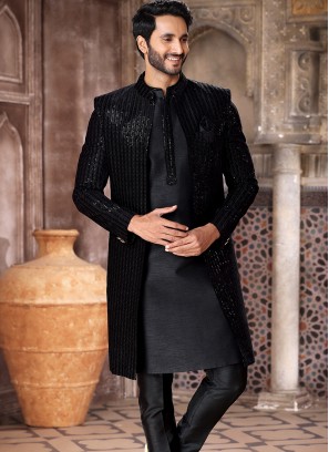 Blissful Black valvet/Art Silk Fabric Party Wear Mens 3 Pcs Indo Western Jacket Set.