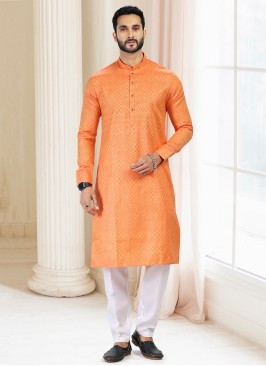 Blissful Orange Fancy Silk Fabric Festive Wear Mens Kurta With Bottom