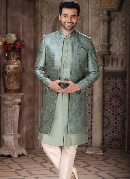 Blissful Green Art Silk Fabric Party Wear Mens 3 Pcs Indo Western Jacket Set.
