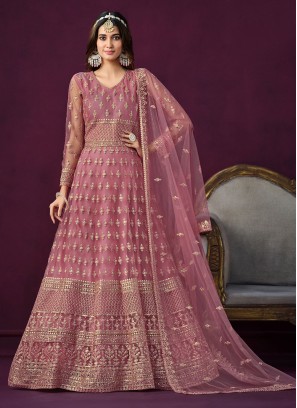 Blissful Net Embroidered Pink Trendy Anarkali Salwar Suit