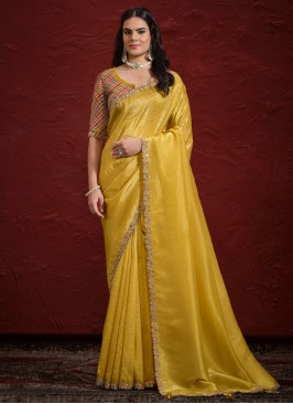 Blooming Crepe Silk Sequins Mustard Contemporary Saree