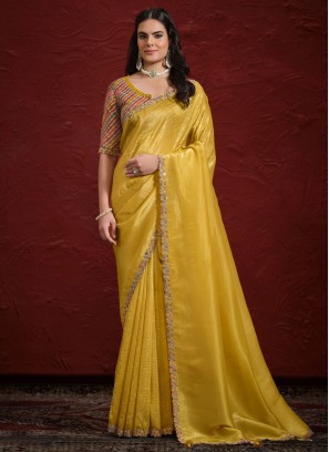 Blooming Crepe Silk Sequins Mustard Contemporary Saree