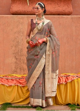 Blooming Digital Print Grey Classic Saree