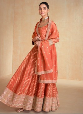 Blooming Orange Jacquard Silk Trendy Gown