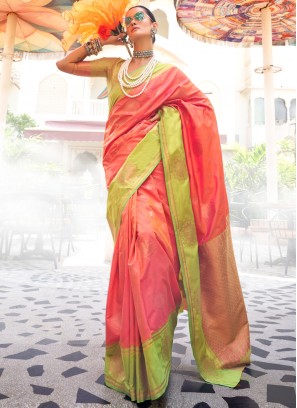 Blooming Weaving Peach and Pink Classic Saree