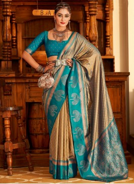 Blue and Cream Zari Party Classic Saree