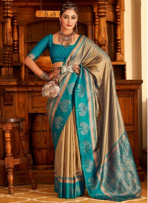 Blue and Cream Zari Party Classic Saree