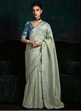 Blue and Grey Ceremonial Fancy Fabric Contemporary Saree