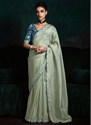 Blue and Grey Ceremonial Fancy Fabric Contemporary Saree