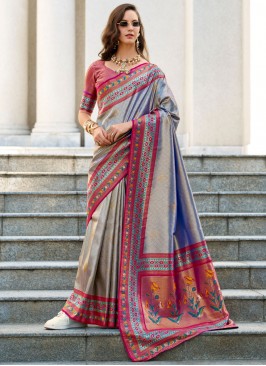 Blue and Grey Festival Tissue Classic Saree