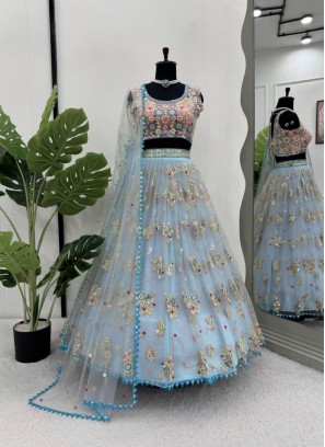 Blue and Pink Net Festival Designer Lehenga Choli