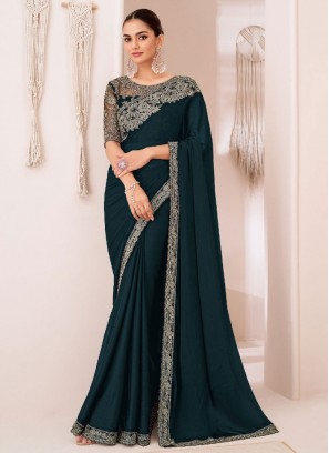 Blue and Teal Georgette Lace Classic Saree