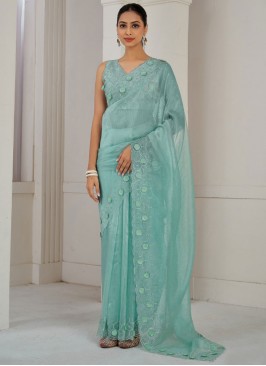 Blue and Turquoise Organza Cutdana Contemporary Saree