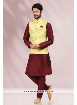 Yellow Banarasi Silk Kurta Pyjama with Digital Pri