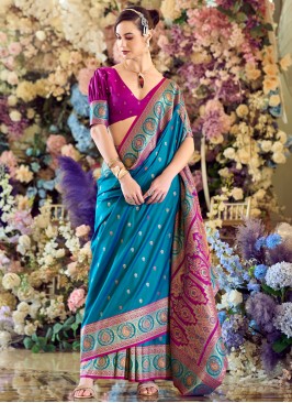 Blue Banarasi Silk Weaving Contemporary Saree