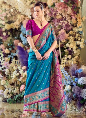 Blue Banarasi Silk Weaving Contemporary Saree