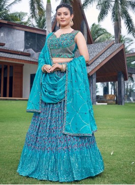 Blue Chinon Digital Print Readymade Lehenga Choli