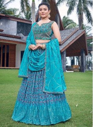 Blue Chinon Digital Print Readymade Lehenga Choli