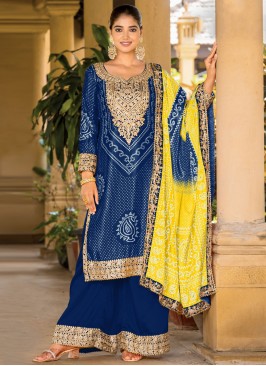 Blue Chinon Palazzo Salwar Kameez