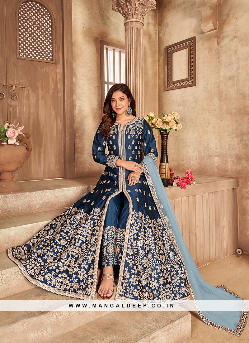 SOLID BLUE ANARKALI WITH GOLD PRINTED DUPATTA AND PANT (SET OF 3) – Kasya