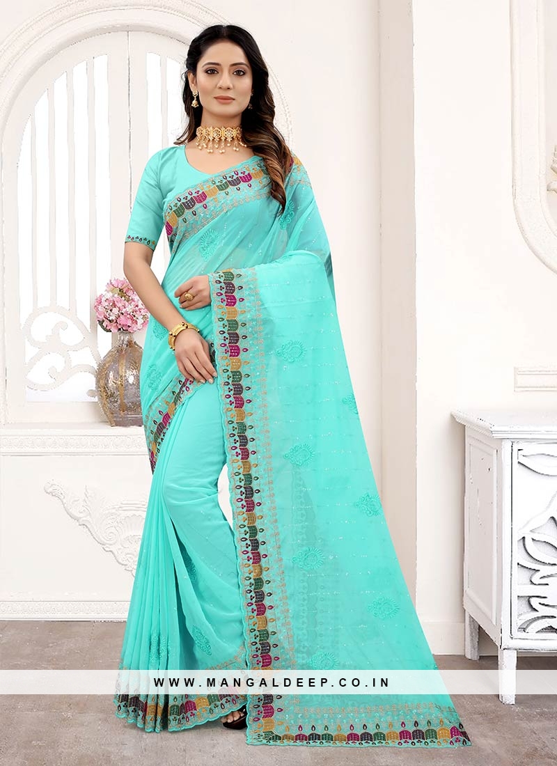 Turquoise Color Georgette Embroidered Ruffle Saree