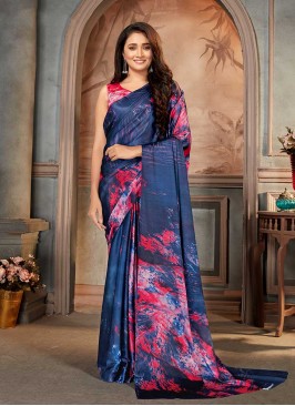 Blue Color Satin Printed Saree