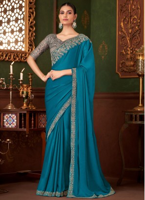 Blue Embroidered Ceremonial Trendy Saree