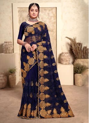 Blue Embroidered Party Trendy Saree