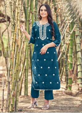 Blue Embroidered Silk Party Wear Kurti