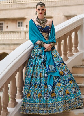 Blue Foil Print Engagement Readymade Lehenga Choli