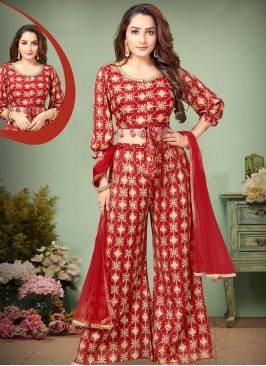 Red Georgette Palaazzo Set with Thread and sequins