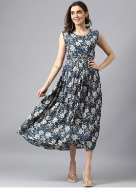 Blue Muslin Floral Printed Dress.