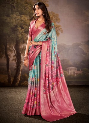 Blue Print Cotton Silk Traditional Saree