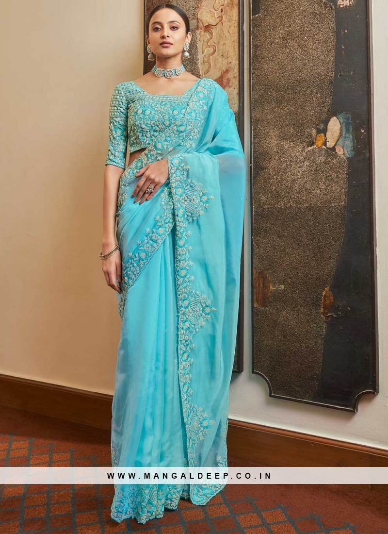 Buy Navy Blue Hand Embroidered Organza Saree with Blouse by Designer DEEP  THEE Online at Ogaan.com