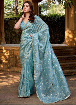 Blue Silk Embroidered Classic Saree