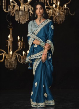 Blue Silk Sequins Classic Saree