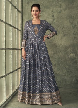 Blue Viscose Embroidered Floor Length Gown