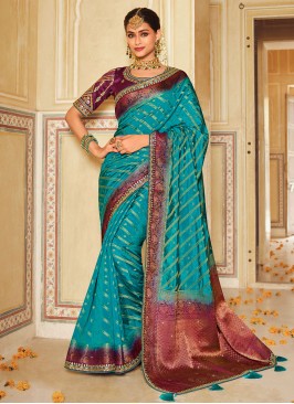 Blue Wedding Fancy Fabric Trendy Saree