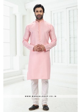 Bold Pink Premium Linen Cotton Kurta Pyjama Set with Thread Work
