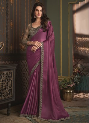 Border Satin Silk Contemporary Style Saree in Purple