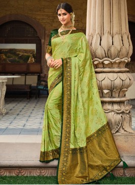 Border Satin Silk Contemporary Style Saree in Sea Green