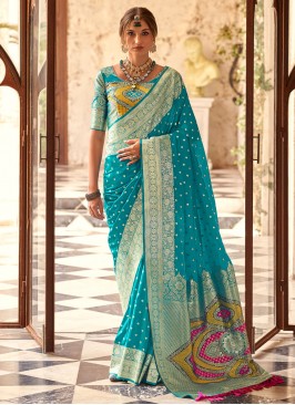 Border Silk Contemporary Saree in Aqua Blue