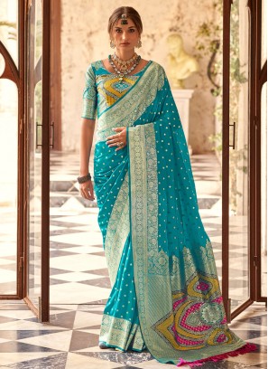 Border Silk Contemporary Saree in Aqua Blue