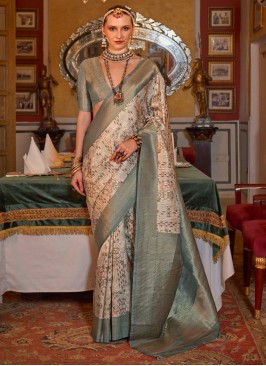 Border Tussar Silk Designer Saree in Grey