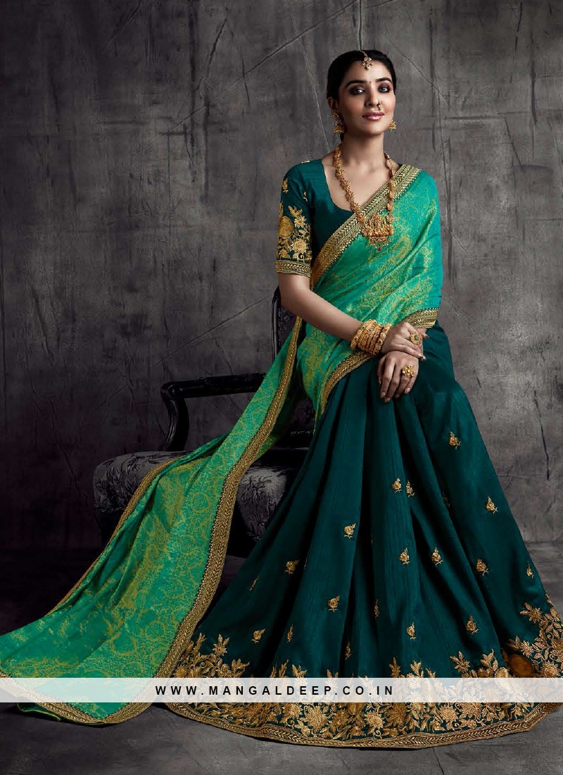 Green Color Women Saree in Vichitra Silk With Heavy Embroidery Lace Border  and Blouse | Gown party wear, Ladies gown, Party wear sarees online